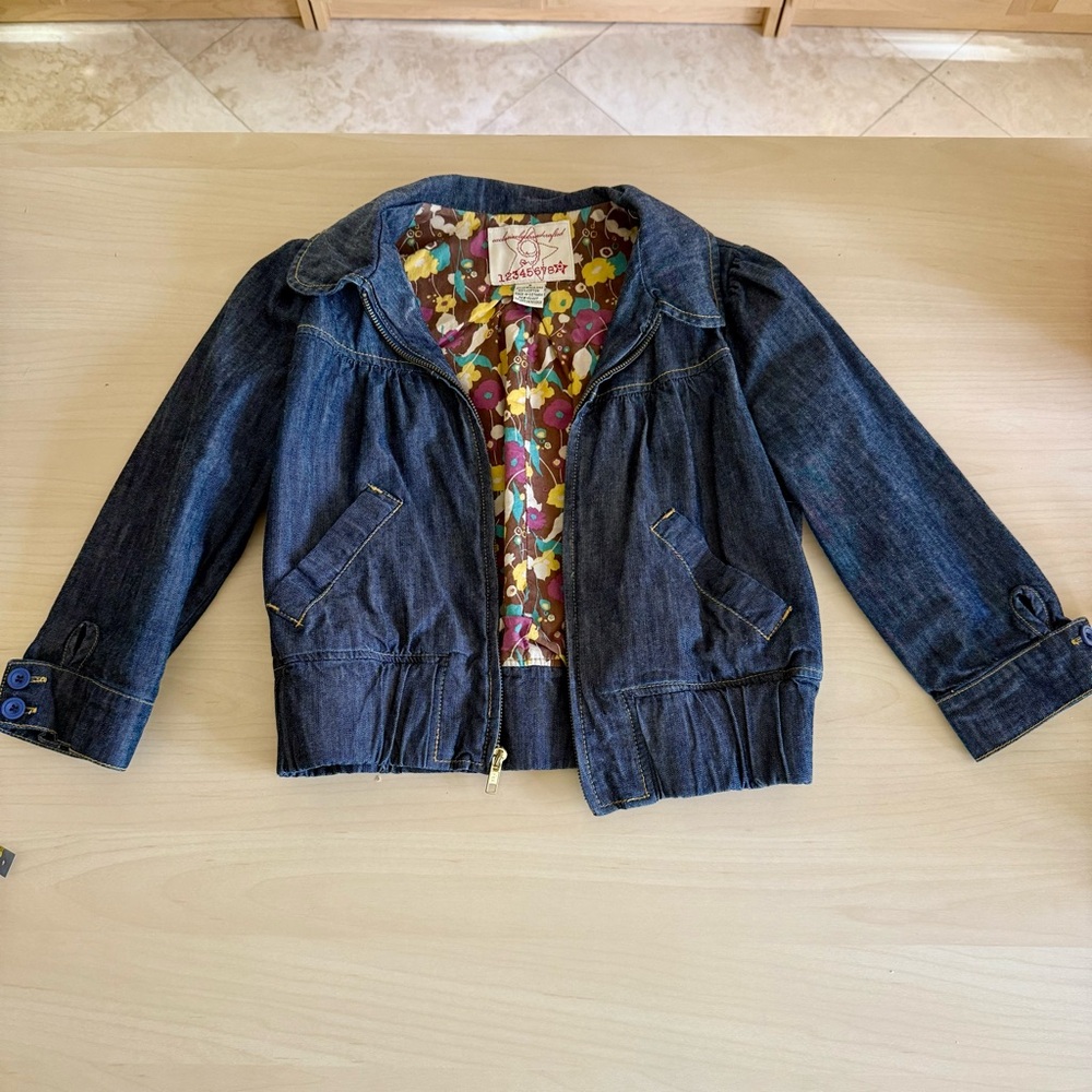 Dark Blue Cropped Denim Jacket with Floral Lining